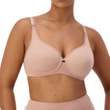 Front view of model wearing Gorgeous Maternity P Blusher Beige bra, highlighting wirefree design and comfortable fit
