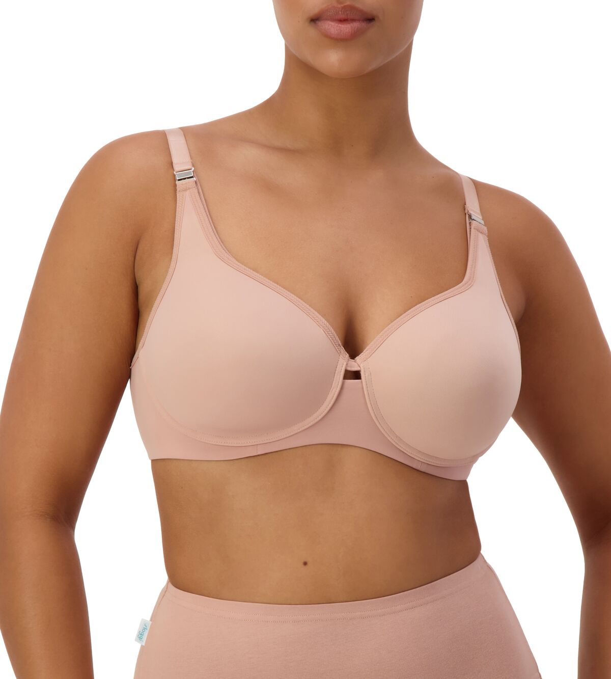 Front view of model wearing Gorgeous Maternity P Blusher Beige bra, highlighting wirefree design and comfortable fit
