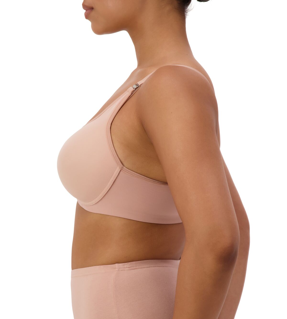 Three-quarter view of model in Gorgeous Maternity P Blusher Beige, displaying drop-down feeding cups and seamless coverage