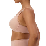 Three-quarter view of model in Gorgeous Maternity P Blusher Beige, displaying drop-down feeding cups and seamless coverage