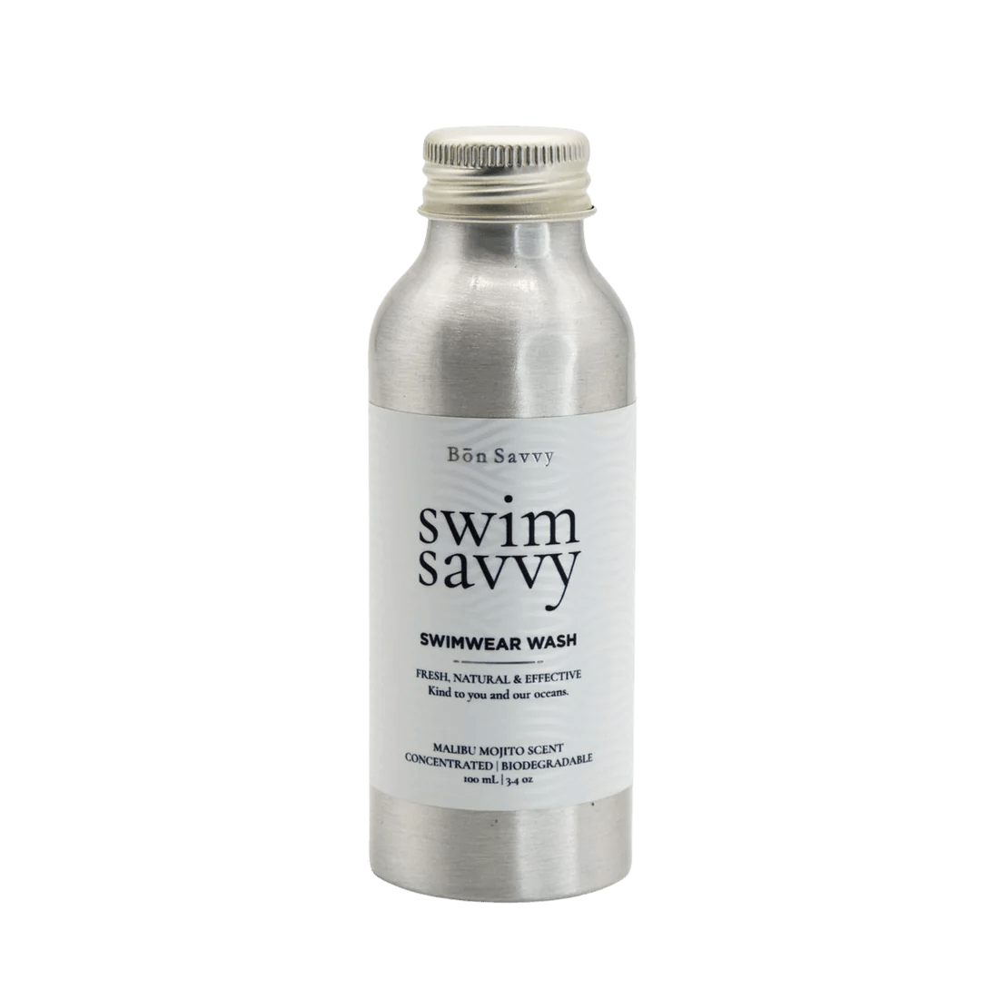 Swim Savvy 100ml laundry liquid in an aluminium bottle for delicate swimwear care and chlorine removal.
