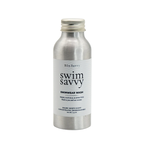Swim Savvy 100ml laundry liquid in an aluminium bottle for delicate swimwear care and chlorine removal.