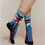 bleuforet womens socks mount fuji print pattern socks in blue and black and touch of red