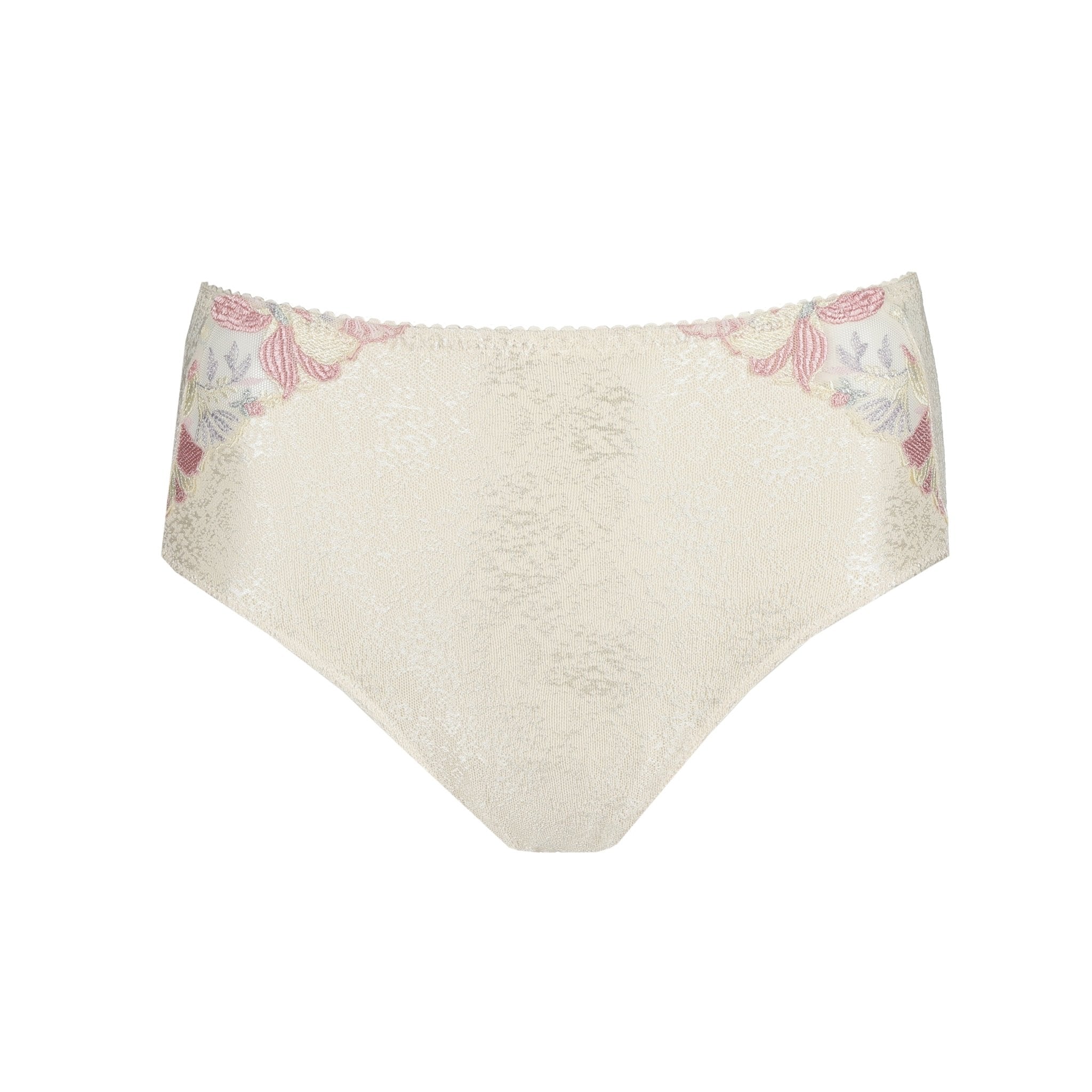 Flat lay of Prima Donna Mohala Full Briefs Vintage Natural laid flat displaying soft pastel floral embroidery and smooth fabric.