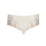 Flat lay of Prima Donna Mohala Luxury Thong Brief Vintage Natural laid flat displaying shimmery lace texture and pastel floral embroidery.