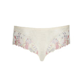 Flat lay of Prima Donna Mohala Luxury Thong Brief Vintage Natural laid flat displaying shimmery lace texture and pastel floral embroidery.