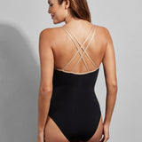 Cosmic Cross Strap Scoop Neck One Piece Black