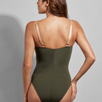 Back view of the Cosmic One Piece swimsuit, featuring decorative adjustable straps and supportive high back.