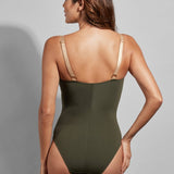 Back view of the Cosmic One Piece swimsuit, featuring decorative adjustable straps and supportive high back.