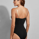 Side view of the Cosmic V-Neck One Piece swimsuit, showing high back and adjustable decorative straps.