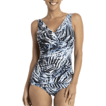 Front view of the Palms Sheath One Piece Swimsuit in Arctic palm print by Poolproof, featuring soft cups and crossover neckline, available at The Foundation.