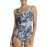 Front view of the Palms Sheath One Piece Swimsuit in Arctic palm print by Poolproof, featuring soft cups and crossover neckline, available at The Foundation.