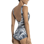 Back view of Poolproof Palms Sheath One Piece in Arctic, showing shelf bra support and Aquashield® fabric, sold at The Foundation.