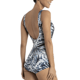 Back view of Poolproof Palms Sheath One Piece in Arctic, showing shelf bra support and Aquashield® fabric, sold at The Foundation.