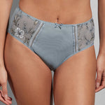 Close-up of the Empreinte Lauren Culotte Panty Brief in Sky Blue with floral embroidery and soft tulle panels.