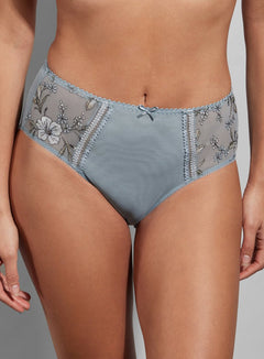 Close-up of the Empreinte Lauren Culotte Panty Brief in Sky Blue with floral embroidery and soft tulle panels.