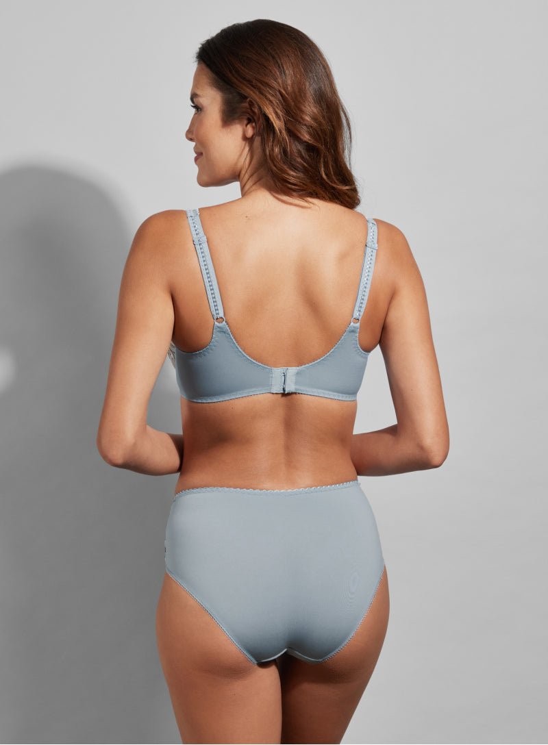 Back view of the Empreinte Lauren high-waisted brief in Sky Blue, highlighting smooth fit and delicate embroidery.