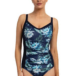 Front view of the Poolproof Lotus DD/E Underwire One Piece in navy with floral print, made from chlorine-resistant Aquashield®, stocked by The Foundation.