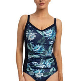 Front view of the Poolproof Lotus DD/E Underwire One Piece in navy with floral print, made from chlorine-resistant Aquashield®, stocked by The Foundation.