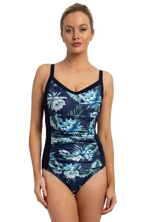 Front view of the Poolproof Lotus DD/E Underwire One Piece in navy with floral print, made from chlorine-resistant Aquashield®, stocked by The Foundation.