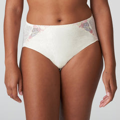 Front view of Prima Donna Mohala Full Briefs Vintage Natural on model showing high-waisted fit and pastel floral embroidery.