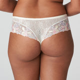 Back view of Prima Donna Mohala Luxury Thong Brief Vintage Natural on model eaturing flattering thong cut and embroidered panels.