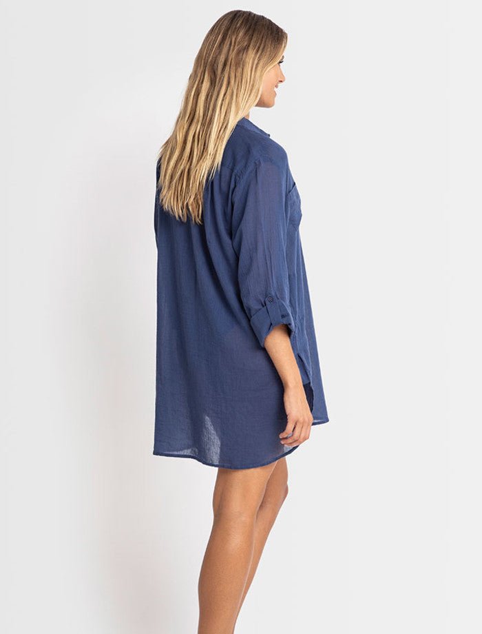 Side profile of The Foundation’s Sunseeker Resort Painters Shirt in Denim – lightweight cotton cover-up for beach, bar, or beyond.