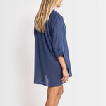 Side profile of The Foundation’s Sunseeker Resort Painters Shirt in Denim – lightweight cotton cover-up for beach, bar, or beyond.