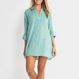 The Foundation’s Sunseeker Resort Painters Shirt in Moss – 100% cotton relaxed-fit beach shirt with chest pocket and v-neck for warm-weather styling.