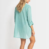 Back view of the Moss-coloured Sunseeker Resort Painters Shirt from The Foundation – lightweight cotton shirt with roll-up sleeves and side pockets.