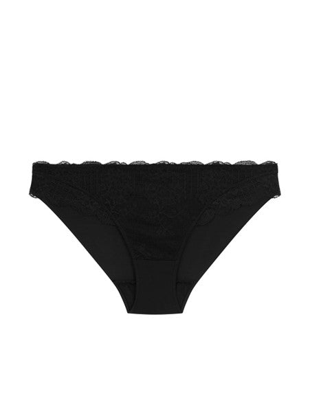 Flat lay of Reve Bikini Brief Black from The Foundation – elegant lace-front bikini with soft cotton gusset and modern finish.