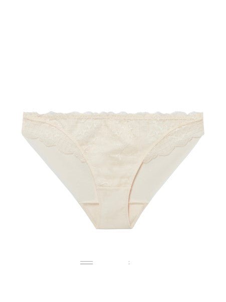Flat lay of Reve Bikini Brief Sakura Pink from The Foundation – delicate lace front, cotton gusset, and modern mesh rear.