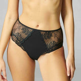 Front view of Reve Culotte Brief Black, featuring high-waisted lace and microfiber design with vintage-inspired details