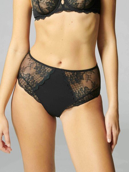 Front view of Reve Culotte Brief Black, featuring high-waisted lace and microfiber design with vintage-inspired details