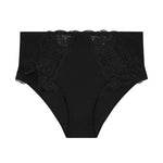 Flat lay of Reve Culotte Brief Black, highlighting lace paneling and high-waisted cut