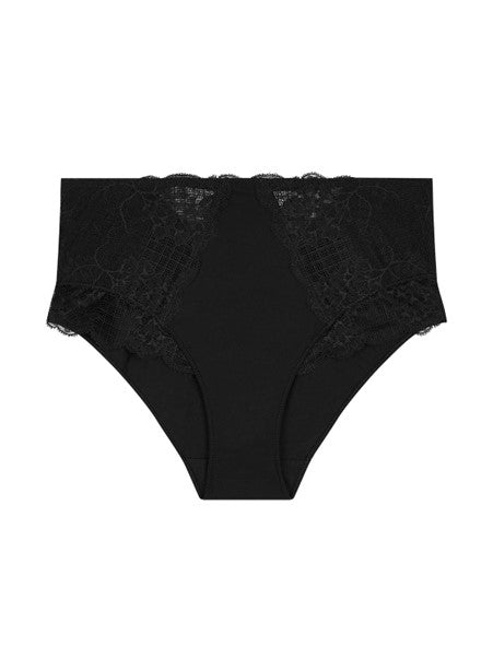 Flat lay of Reve Culotte Brief Black, highlighting lace paneling and high-waisted cut