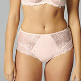 Front view of Reve Culotte Brief Sakura Pink, showcasing high-waisted lace detail and vintage-inspired design