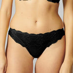 Front view of Reve Tanga Thong Brief Black from The Foundation – scalloped lace waistband and minimal all-lace design.