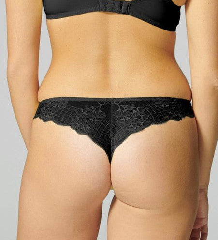 Back view of Reve Tanga Thong Brief Black from The Foundation – scalloped lace detailing and G-string silhouette.