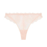 Flat lay of Reve Tanga Thong Brief Sakura Pink from The Foundation – lightweight lace G-string with cotton gusset for comfort.
