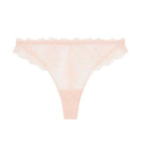 Flat lay of Reve Tanga Thong Brief Sakura Pink from The Foundation – lightweight lace G-string with cotton gusset for comfort.