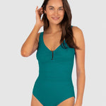 Front view of the Baku Rococco D–E Ring Front One Piece in Jungle green, with flattering ruching and bust support, available at The Foundation.