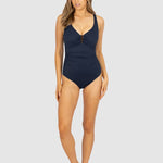 Model wearing Baku Rococco Ring Front Swimsuit in deep navy Nightfall shade, with shaping panels and elegant design, found at The Foundation.