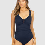 Front view of Baku Rococco D–E Ring Front One Piece Swimsuit in Nightfall navy, with flattering ruching and full bust support at The Foundation.
