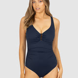 Front view of Baku Rococco D–E Ring Front One Piece Swimsuit in Nightfall navy, with flattering ruching and full bust support at The Foundation.
