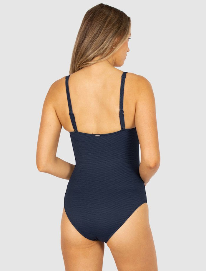 Back view of the Baku Rococco One Piece in Nightfall, featuring adjustable straps and sleek lines, part of The Foundation’s swimwear collection.