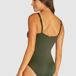 Back view of the Baku Rococco One Piece in olive, showing adjustable straps and smoothing fit, part of The Foundation swim edit.