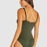 Back view of the Baku Rococco One Piece in olive, showing adjustable straps and smoothing fit, part of The Foundation swim edit.