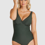 Front view of Baku Rococco E–F One Piece Swimsuit in Olive, featuring ladder lace and structured bust support, available at The Foundation.