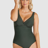 Front view of Baku Rococco E–F One Piece Swimsuit in Olive, featuring ladder lace and structured bust support, available at The Foundation.